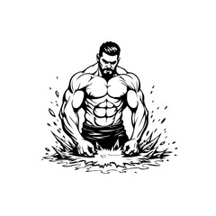 Powerful physique illustration depicting a strong man with muscular body and intense expression