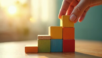 Hand stacking colorful wooden blocks to build staircase, personal development, business growth. Visual metaphor represents progress, planning, achieving goals in pro educational context.