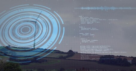 Rings fading in rotating around wind turbine while code streaming waveform pulsing showing data - Powered by Adobe