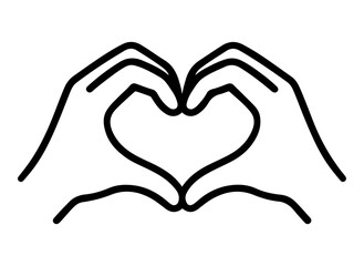 Hands forming a heart shape symbol of love in a minimalist line drawing style black and white icon