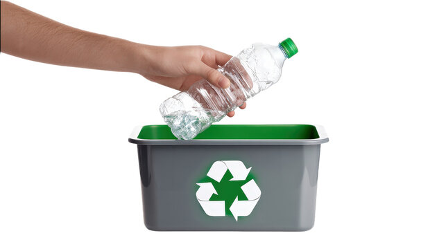 person throwing plastic bottle into recycle binTransparent background, PNG file