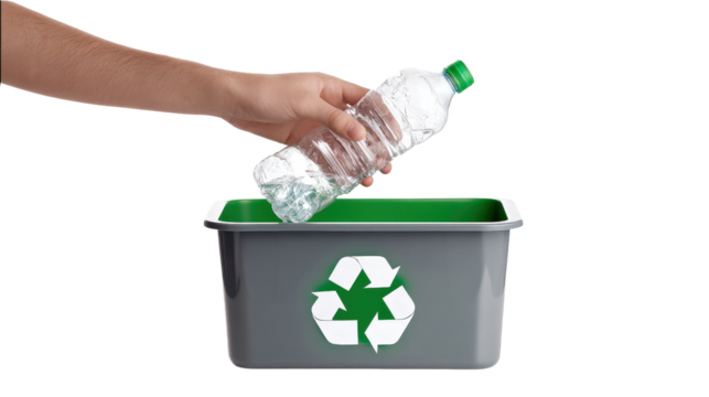 person throwing plastic bottle into recycle binTransparent background, PNG file