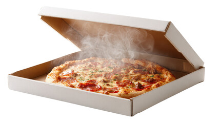 Pizza box opened showing steaming hot pizza,Transparent background, PNG file