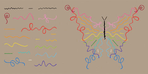 Children's Chalk Drawn Sketch. Set of Design Elements Multicolored Butterfly from Scribbles Isolated on Craft Paper.