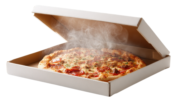 Pizza box opened showing steaming hot pizza,Transparent background, PNG file