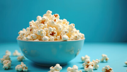 Bowl of fresh popcorn on bright blue background. Healthy snack for movie nights, parties, gatherings. Plentiful, scattered kernels offer wholesome bite for evening meetings.