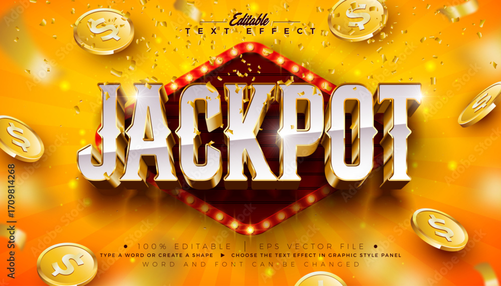 Poster jackpot 3d text effect design editable vector graphic style with shadow and gold framed scalable ret
