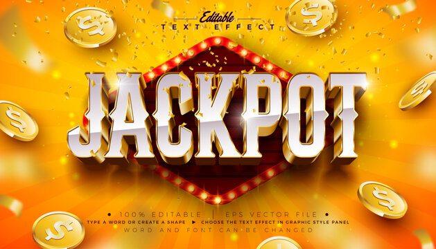 Jackpot 3D Text Effect Design Editable Vector Graphic Style with Shadow and Gold Framed Scalable Retro Typography Lettering, Light Bulb Billboard, Casino Coin and Falling Confetti on Yellow Background