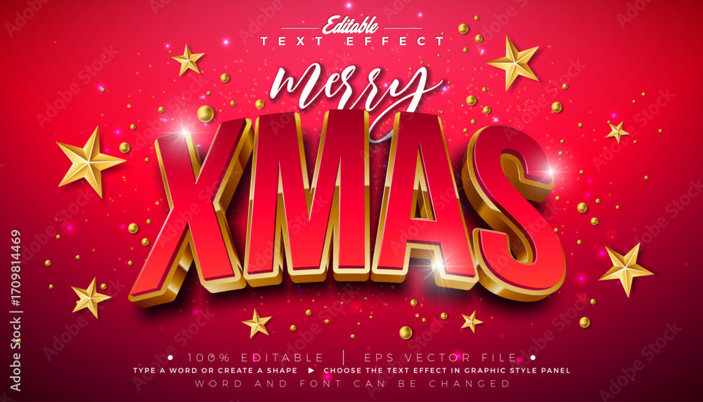 Poster merry christmas editable text effect design vector graphic style with red and gold 3d xmas typograph