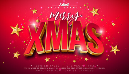 Merry Christmas Editable Text Effect Design Vector Graphic Style with Red and Gold 3D Xmas Typography Lettering and Ornaments on Red Background. Winter Holiday Scalable Illustration Template for Greet