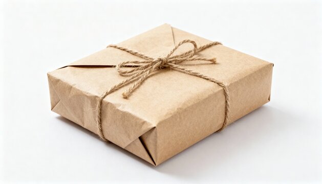 Compostable packaging paper parcel wrapped in kraft paper and tied with natural twine