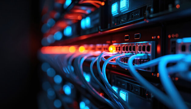 Modern server rack with blinking LED indicators, fiber-optic connections, high-speed network cables. Moody, ultra-realistic textures, glowing blue, red lights. Close-up view of plugged hardware,
