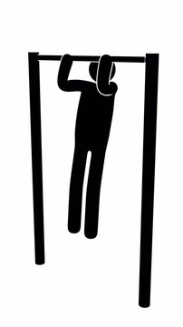 Stickman performing pull-ups on a horizontal bar. Workout, calisthenics, upper body training, or strength exercises. Seamless loop animation