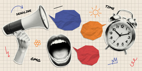 Vector template cut out alarm clock, screaming mouth, loudspeaker with paper bubble speech and doodle. Trendy retro element with a halftone effect for collage, poster, banner, cover design.