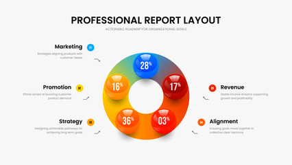 Creative Performance 5 Step Chart Slide Template. Marketing Overview Frame Layout Vector Illustration. Science Report Five Option Infographic Slideshow Design.