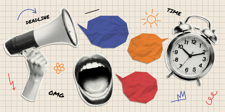 Vector template cut out alarm clock, screaming mouth, loudspeaker with paper bubble speech and doodle. Trendy retro element with a halftone effect for collage, poster, banner, cover design.