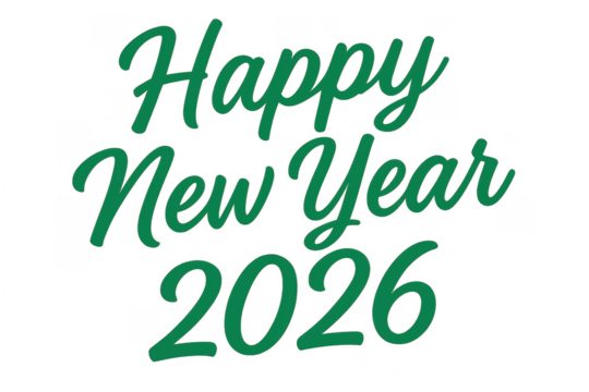 Happy new year 2026 green lettering on transparent background