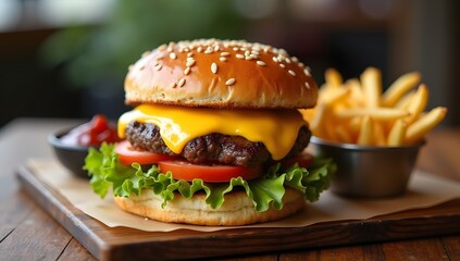 A classic American cheeseburger with a beef patty, melted cheese, lettuce, and tomato, served with crispy french fries.