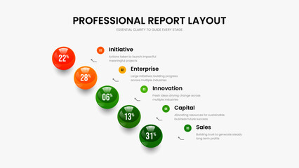 Science Performance 5 Option Diagram Slide Layout. Service Launch Slideshow Template Vector Illustration. Creative Analysis Five Step Chart Presentation Design.