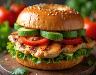 Freshly grilled chicken sandwich with avocado, tomato slices served on toasted sesame seed bun. Lettuce adds fresh crunch. Rustic wooden board setting with blurred tomatoes, herbs in background.