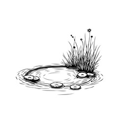 Serene water sketch depicts a tranquil pond adorned with floating lily pads surrounded by tall © LgsDesign