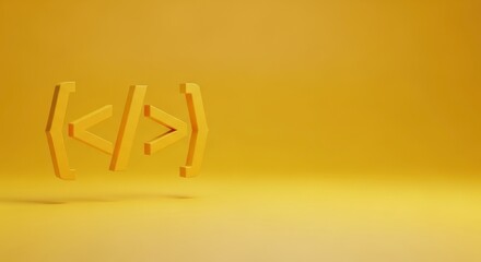 A yellow coding symbol with brackets and forward slashes on a yellow background space