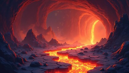 Cartoon illustration of infernal cave landscape with flowing lava river. Cracked ground glowing magma, sparking embers in hazy red atmosphere. Stalactites hang from cavern ceiling. Fantasy game