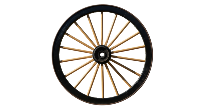 Isolated Western antique wagon wheel with spokes, a transportation element of old times