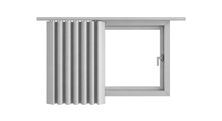 Isolated window with curtain partially closed, gray colors, natural sunlight shines inside