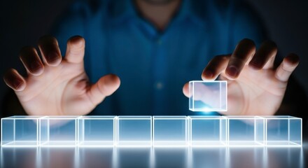 Hands arranging glowing cubes in a row against a dark blue background concept