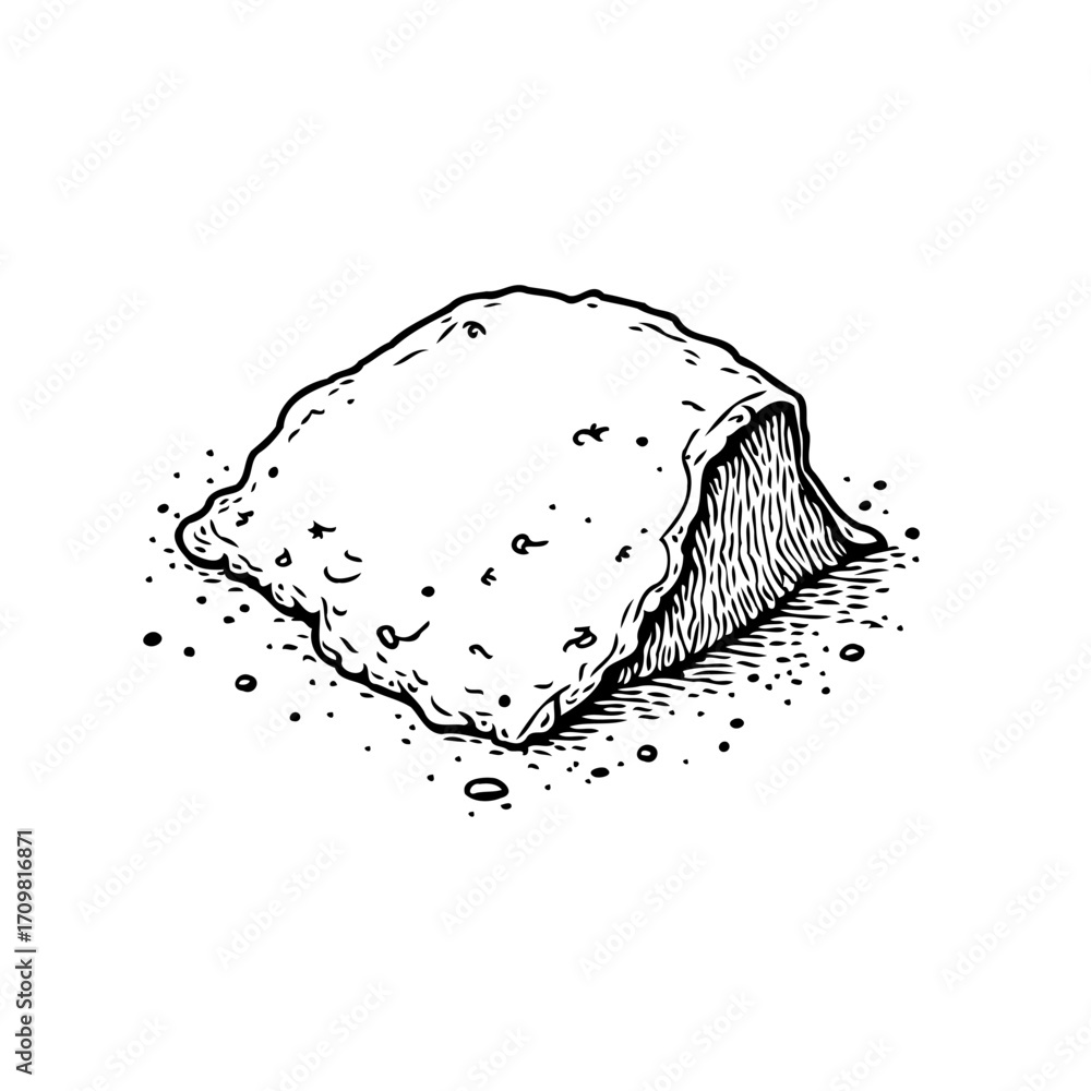 Poster sketch of a block-shaped substance with varied textures and scattered particles evoking an organic