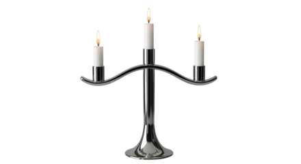 Isolated silver candelabra with three burning candles for romantic mood creation