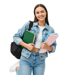 "Back-to-School Style: Cheerful Student with Books and Denim Vibe"
