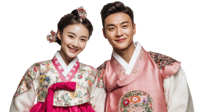 Korean couple in hanbok posing for wedding ceremony,Transparent background, PNG file