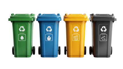 labeled trash bins for recycling with iconsTransparent background, PNG file