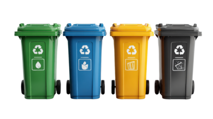 labeled trash bins for recycling with iconsTransparent background, PNG file