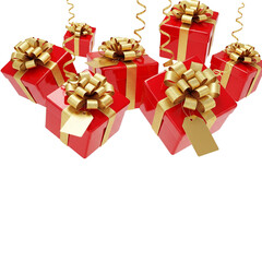 Floating Red Gift Boxes with Golden Ribbons: Elegant Holiday Celebration Design