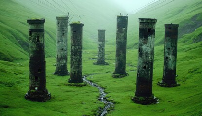 Ruined pillars in a lush, misty valley