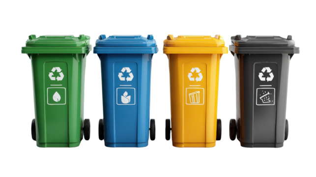 labeled trash bins for recycling with iconsTransparent background, PNG file