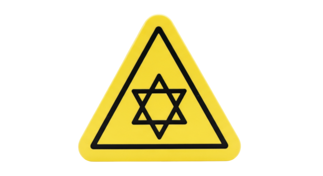 Isolated yellow triangle warning sign featuring a Star of David on a plain surface design - Powered by Adobe