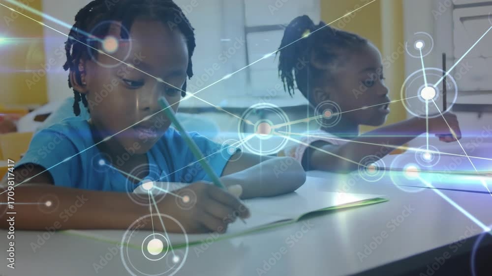 Poster boy and girl writing at desk while animated network expanding over pages visualizing learning