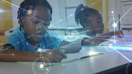 Boy and girl writing at desk while animated network expanding over pages visualizing learning - Powered by Adobe