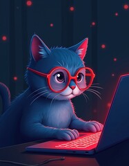 Cute cartoon cat with red glasses works on laptop. Blue feline character types on computer keyboard in dimly lit room with glowing red dots. Funny animal illustration for tech blogs, remote work,