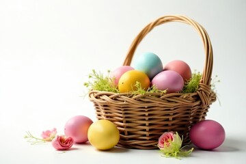 A wicker basket overflowing with vibrantly colored Easter eggs on a white background , Easter eggs isolated, egg painting