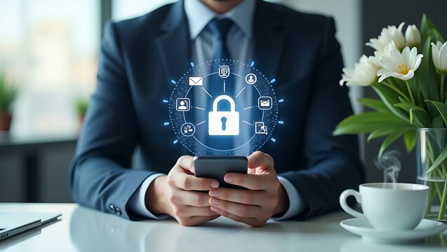 Cybersecurity Concept Businessman Using Smartphone With Digital Lock Icon Symbolizing Online Security and Data Protection