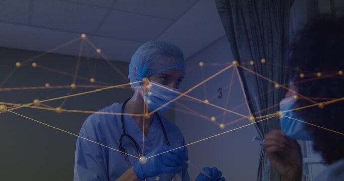 Nurse adjusting mask opening swab in cubicle 3 with medical network overlay collecting test sample