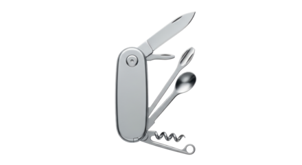 Isolated Swiss army knife multi tool featuring knife spoon corkscrew for outdoor activities