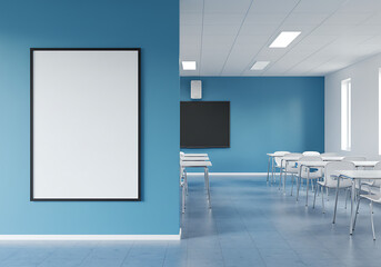 Modern empty classroom with blue walls, white desks, a large screen, and a blank poster frame.