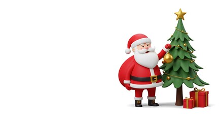 3D cartoon Santa Claus decorating a festive Christmas tree with a golden ornament and gift boxes on a white background.