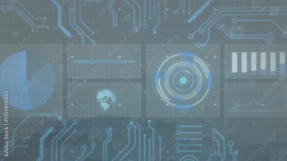 Poster on startup digital ui forming via grid fading panels appearing circuits linking showing live data